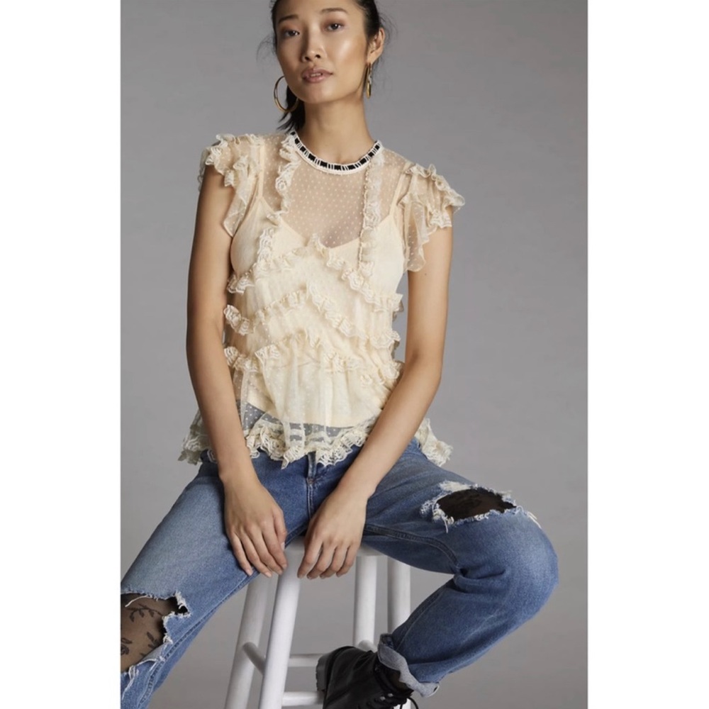 Forever That Girl Lacy Victorian Ruffled Tiered Sheer Blouse with Cami